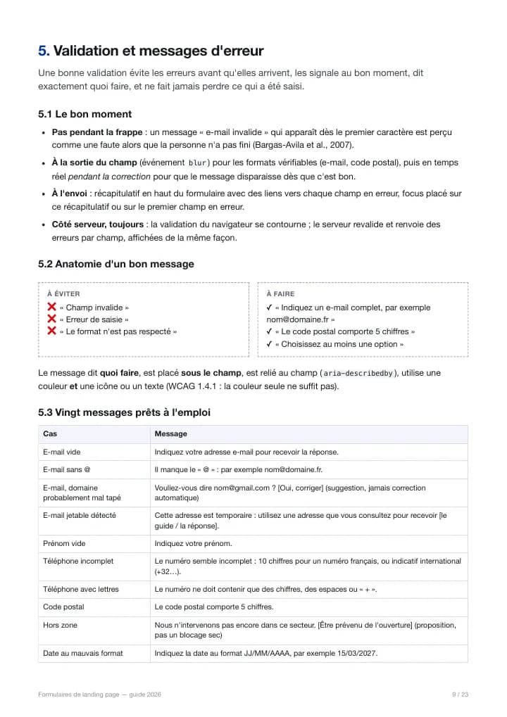 Première page du chapitre validation et messages d'erreur