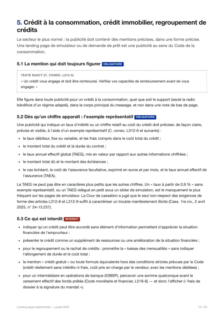 Première page du chapitre crédit : mention obligatoire et exemple représentatif