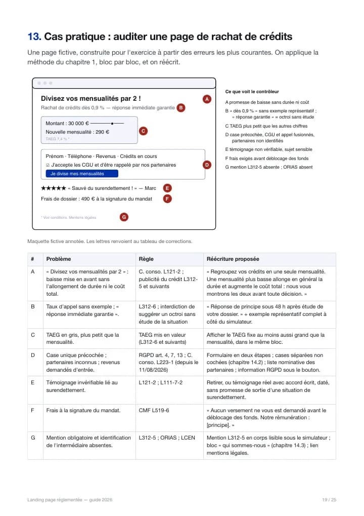Cas pratique : page de rachat de crédits annotée et tableau de corrections
