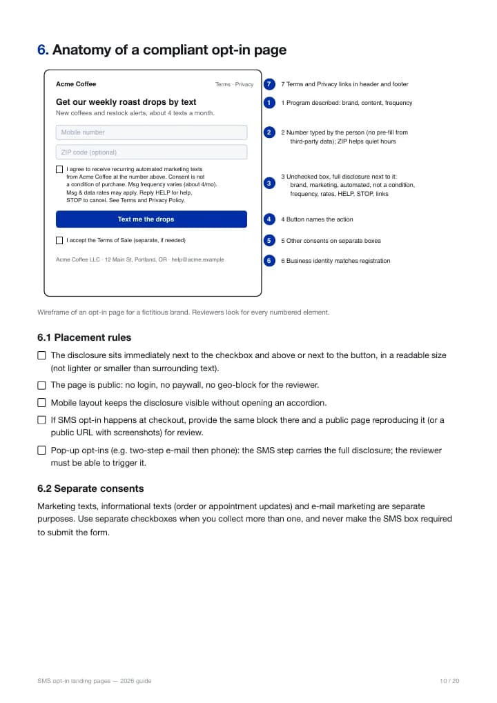 Annotated wireframe of a compliant opt-in page