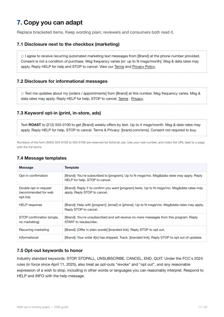 Copy templates: disclosures, keywords and messages