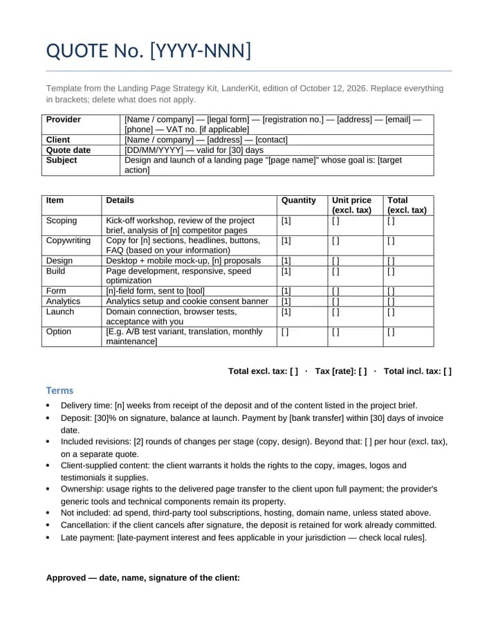 The kit's landing page quote template: items, quantities, terms