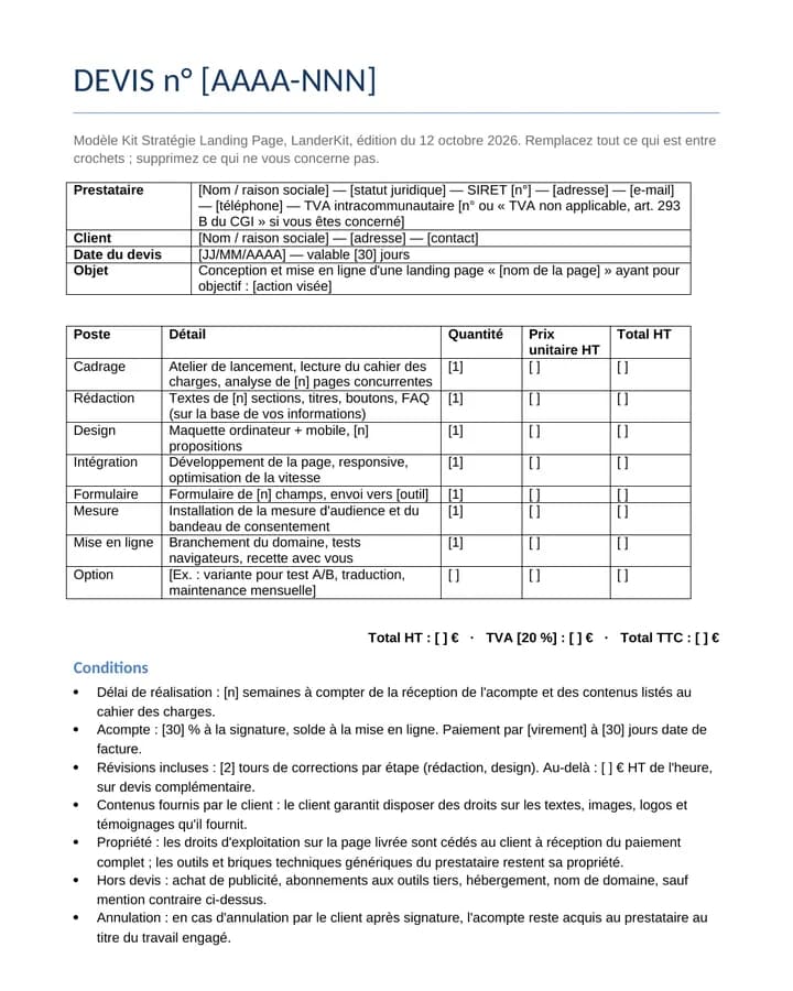 Modèle de devis de landing page du kit : postes, quantités, conditions