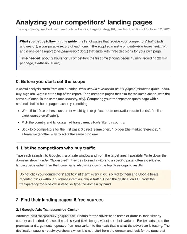 First page of the guide “Analyzing your competitors' landing pages” (kit PDF)