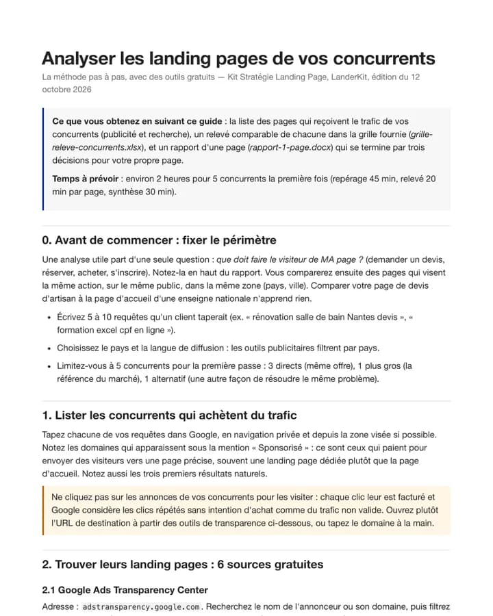 Première page du guide « Analyser les landing pages de vos concurrents » (PDF du kit)
