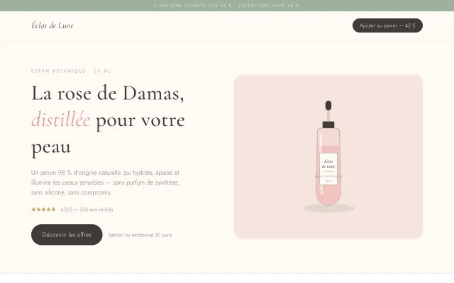 Capture de la démo live du template E-commerce mono-produit (marque fictive « Éclat de Lune »)