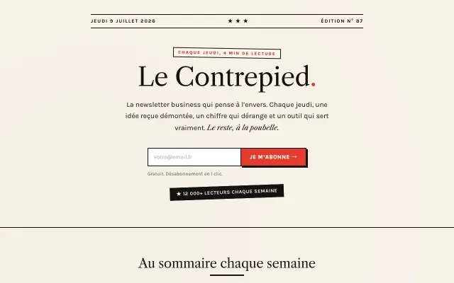 Capture de la démo live du template Newsletter Créateur (marque fictive « Le Contrepied »)